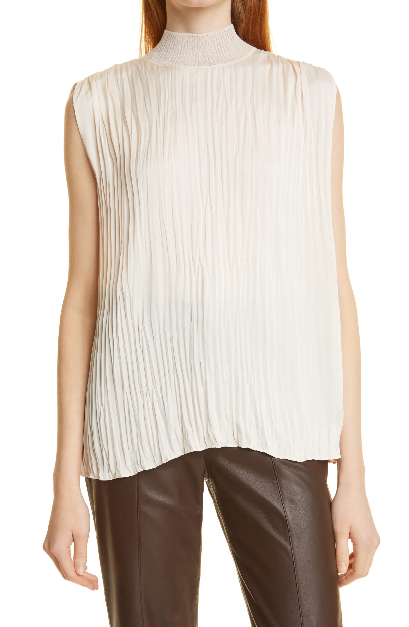 Mock Neck Pleated Sleeveless Satin Top In Chiffon