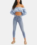 High Waist Raw Hem Ankle Denim Legging In Havanna Blue