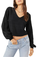When It Rains Cotton V-neck Sweater In Solid Black