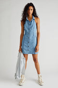 Sami Denim Halter Mini Dress In Bali Blue