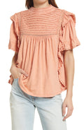 Ruffled Lace-trimmed Cotton Top - Winter Coral