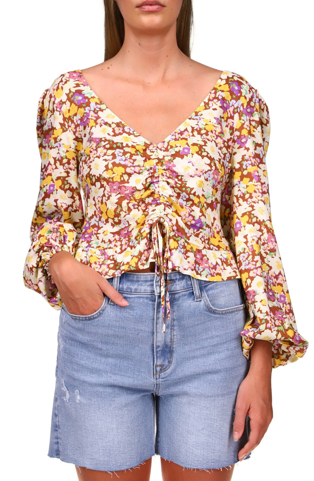 Floral-print Tie-front Drawstring Top In Sunny Field