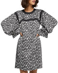 Brushstroke Pattern Puffed Long Sleeve Mini Dress In Black/White