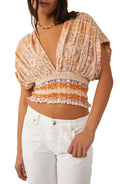 Smocked Elastic V-Neck Blouse In Ivory Combo