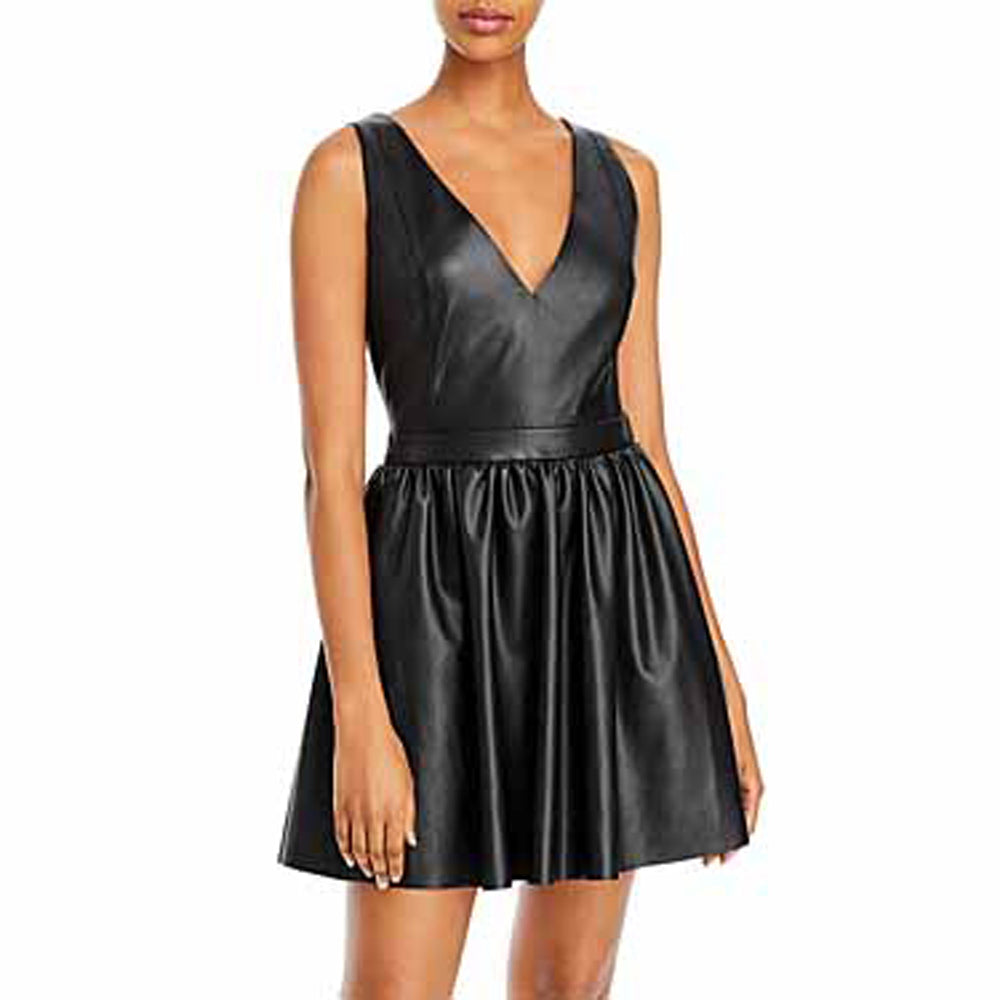 Faux Leather Fit And Flare Dress In Black