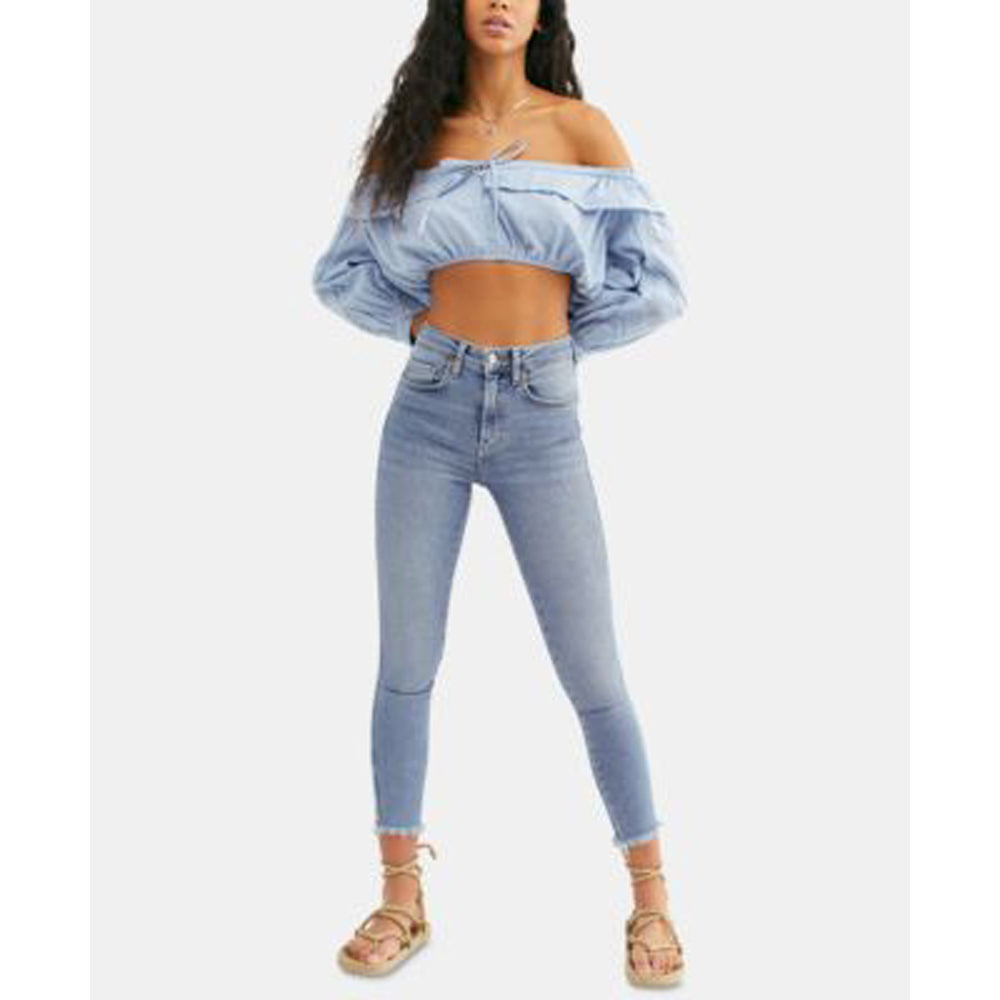 High Waist Raw Hem Ankle Denim Legging In Havanna Blue