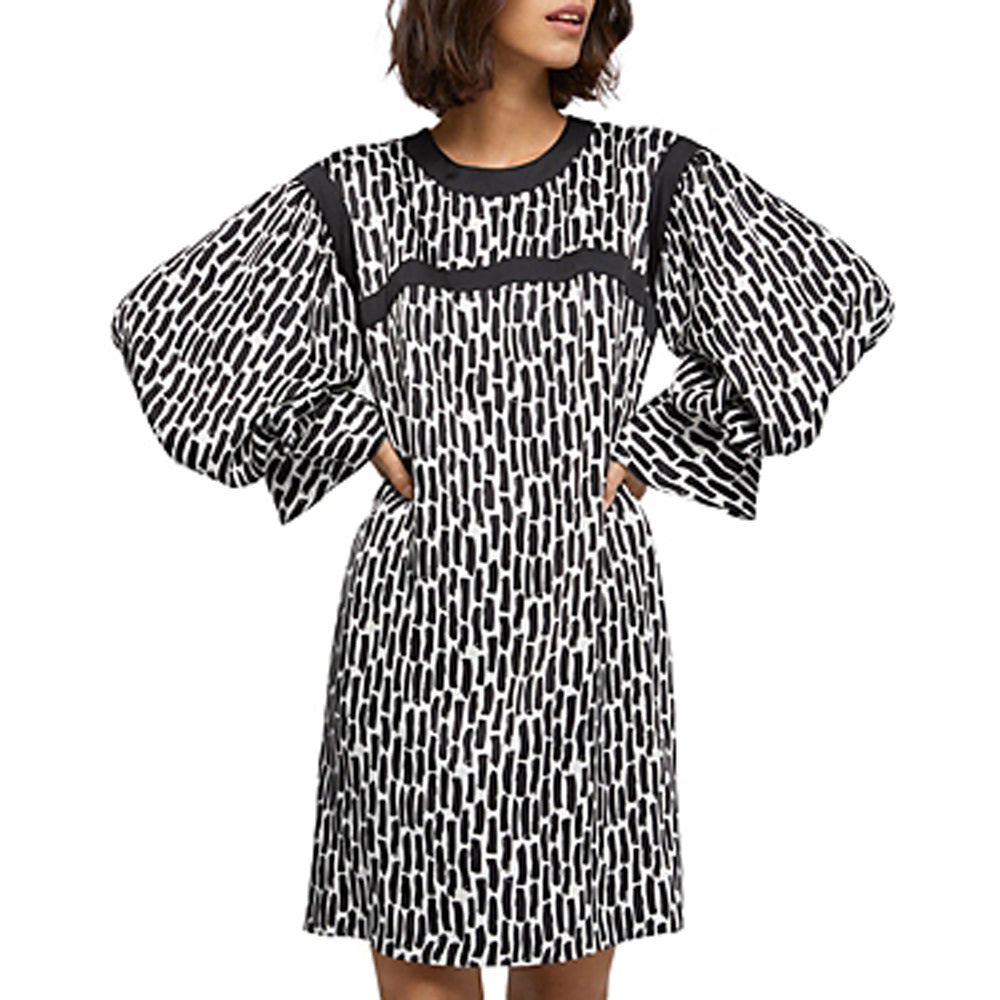 Brushstroke Pattern Puffed Long Sleeve Mini Dress In Black/White