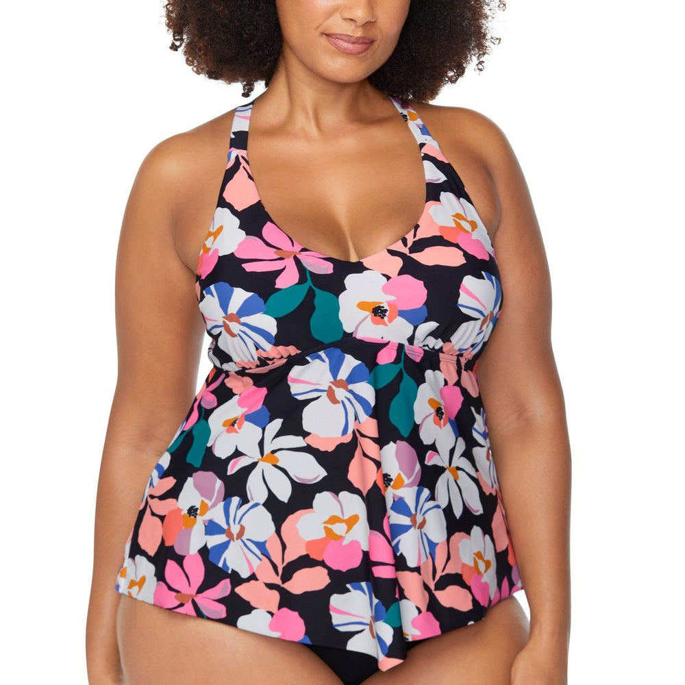 Multi Colored Trendy Plus Size Aviva Floral Black Underwire Tankini Swim Top