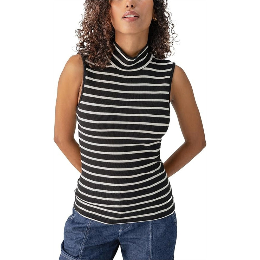 Black & Chalk Stripe Essential Sleeveless Mock-neck Top