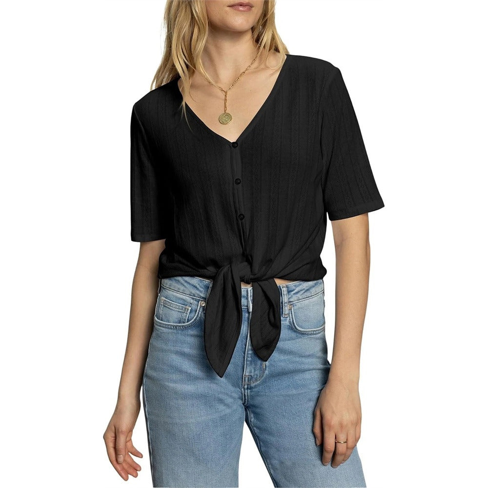Black Cotton Pointelle Tie-Front Top
