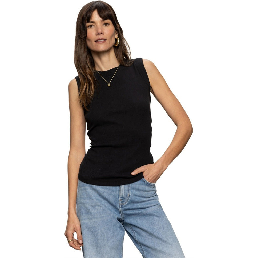 Black Ribbed Ruched Sleeveless Tank