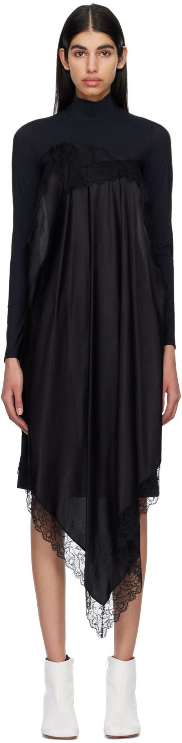 Black Spliced Long Sleeve Midi Dress